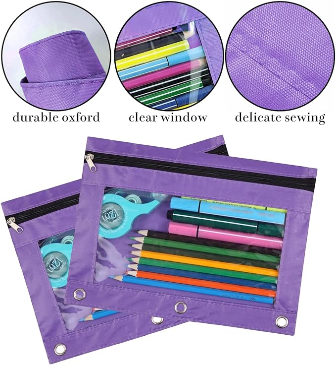 YoeeJob Pencil Pouch for 3 Ring Binder，Zipper Pencil Pouches Bulk，Pencil Case Pouch with Clear Window for Class, School, Office, Purple，24 Packs