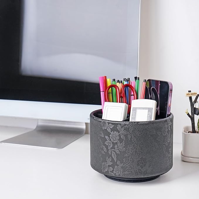 lizimandu Round Leather Art Supply Organizer,Remote Control Holder,360 Degree Spinning,Multi-Functional Pencil Holder,4 Compartments Desktop Stationary Organizer(1-Liuli Black)
