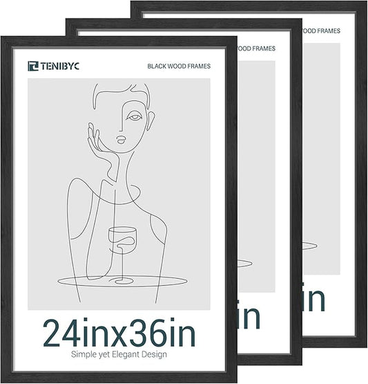 24x36 Poster Frames Set - 3 Pack - Black Solid Wood Picture Frame - Exclusive Woodgrain - Rooms, Offices, Gallery, Studio, and Hallway, Wall Display Decor