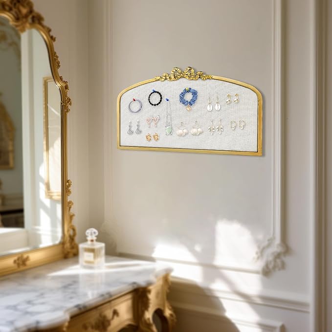 Vintage Arched Linen Cork Board with Gold Bowknot – Decorative Bulletin Board for Walls, Iron Frame Pin Board for Notes, Photos & Reminders, Elegant Vision Board for Home & Office 24"x 15"