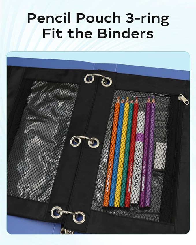 Pencil Pouch for 3 Ring Binder - Small Zipper Pen Case, Black Pencil Pouches for Boys Kids, School Supplies, 3 Hole Nylon Pencil Bag Accessories Clear Window Aesthetic Organizer