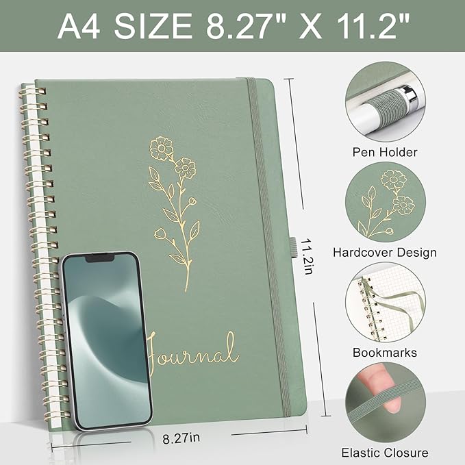 EMSHOI A4 Graph Grid Notebook - 110 Pages 100GSM Grid Paper, Vegan Leather Floral Cover with Spiral Binding for Engineering, Bullet Journaling, School & Work - Includes Ruler, Pockets -Light Green