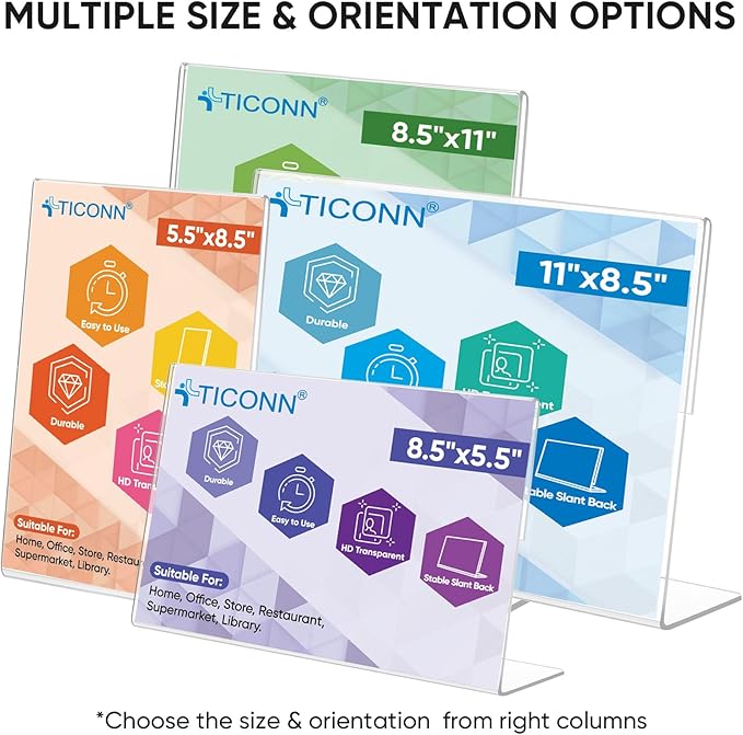 TICONN 5.5 x 8.5 Acrylic Sign Holder, L Shape Clear Sign Stand for Displaying, Plastic Paper Holder for Office, Store, Restaurant (Vertical 6 Pack)