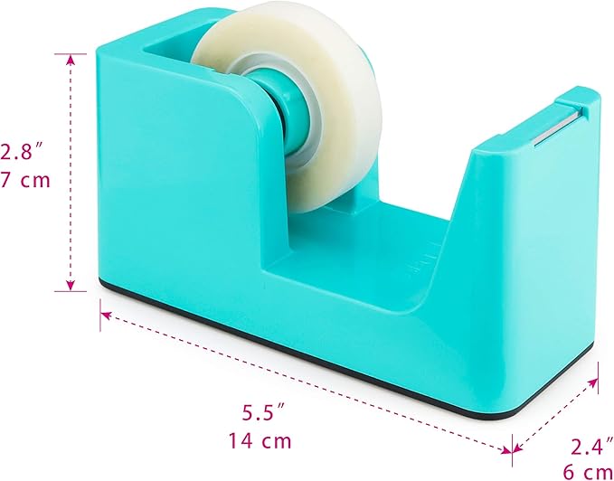 ABEL SimpleWork Desktop Tape Dispenser, Aqua, 1 in Core, Non-Skid Weighted Base, Tape Cutter for Office, Home, School, and Crafts