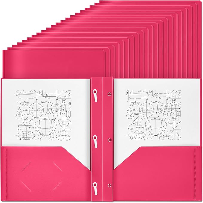 Yeaqee 30 Plastic Folders with Pockets and Prong Plastic Folders with 2 Pockets Pocket for Office, School for Students, Teachers, Office Workers (Rose Pink)