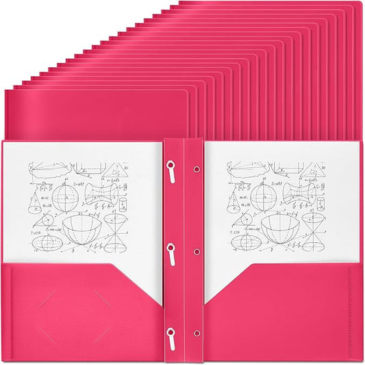 Yeaqee 30 Plastic Folders with Pockets and Prong Plastic Folders with 2 Pockets Pocket for Office, School for Students, Teachers, Office Workers (Rose Pink)