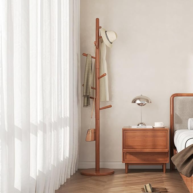 Uniclinens Coat Rack Freestanding Solid Wood Coat Tree Standing with 8 Hooks, Coat Rack Stand Creative Tree Branch-Look (Teak)