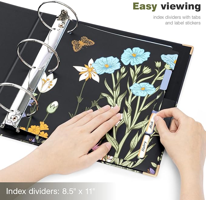 Ospelelf 3 Ring Binder for Letter Size Documents with 5 Tab Dividers, 3 Inch Ring, 4.4 Inch Spine, Black Floral Binder with Clip for School and Office Supplies, Moonlit Blossoms