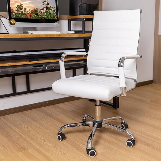 Home Office Chair Ribbed, Modern Leather Conference Room Chairs, Ergonomic Office Desk Chair, High Back Executive Computer Chair, Adjustable Swivel Chair with Arms (White)