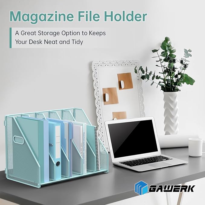 Desk File Organizer Metal Desk Magazine Folder Holder with 5 Vertical Compartments Rack File Organizer for Office, Home, School (Blue)