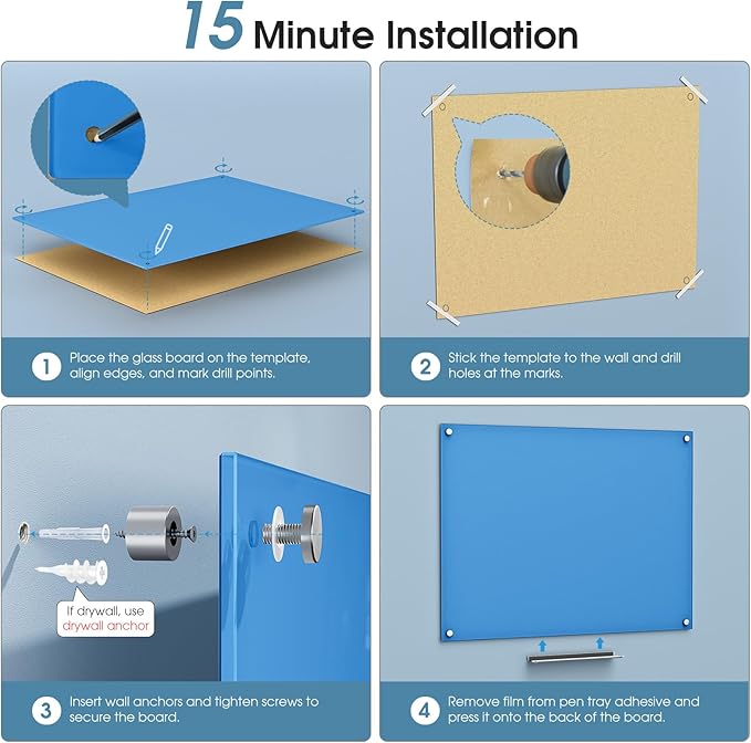 MaxGear Glass White Board 36x24, Bule Wall Mounted Magnetic Glass Dry Erase Board, Large Frameless Whiteboard with 1 Eraser,3 Markers and 6 Magnets for Office, School, Home