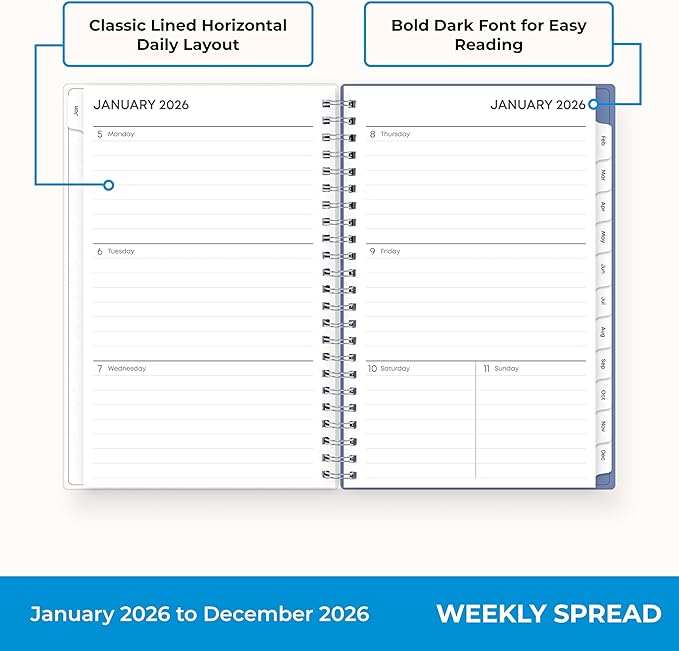 Blue Sky 2026 Weekly and Monthly Planner Calendar, January 2026 - December 2026, 5" x 8", Flexible Frosted Cover, Laminated Tabs, Durable Twin Wire Binding, Lindley