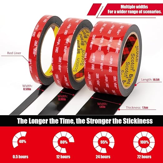3M Double Sided Tape Heavy Duty, Waterproof Mounting Foam Tape, 16.5ft Length, 3.54in Width, High Temperature Resistant Adhesive Tape for Car, LED Strip Light, Office Decor, Made of 3M VHB Tape.