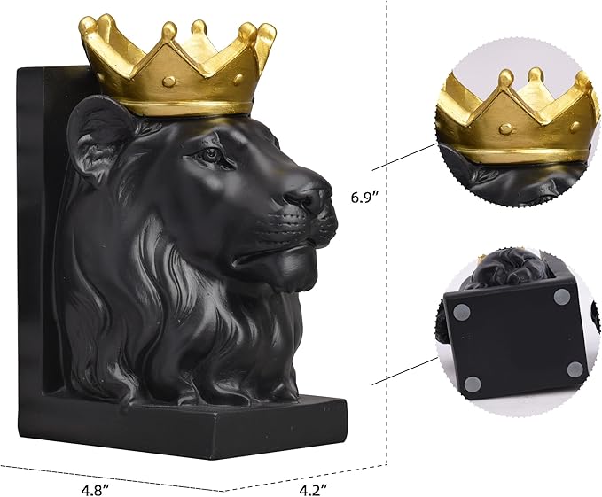 Book Ends Decorative, Lion Bookends for Shelves, Animal Book Stopper Decorative, Modern Book Ends for Heavy Books, Lion Figurines Statues Indoor, Unique Book Lover Gift(Black Lion)