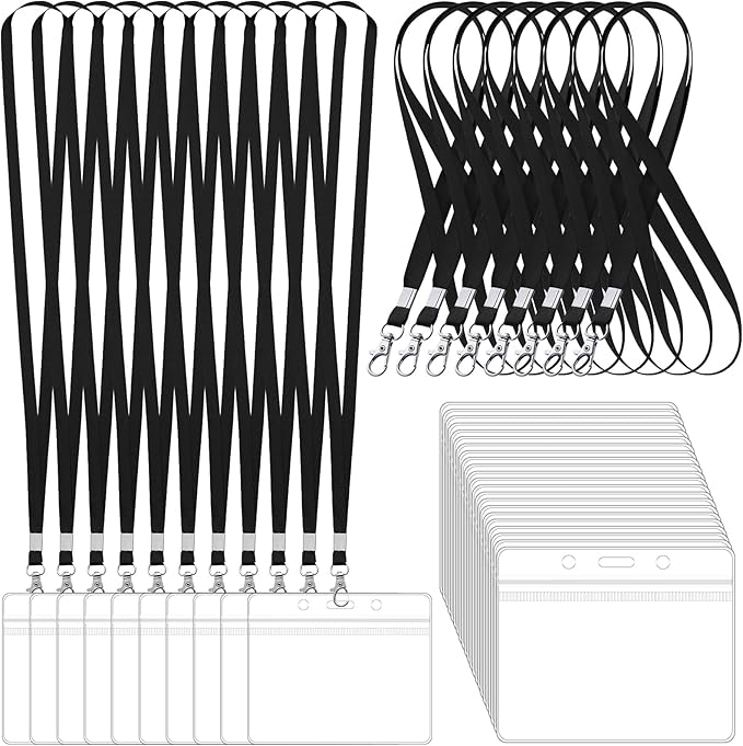 100 Pack Lanyards for ID Badges with Clear Name Tags, Reusable Lanyards Horizontal ID Card Badge Holders Plastic Name Badges for Men Women Kids Business School and Office Supplies (Black)