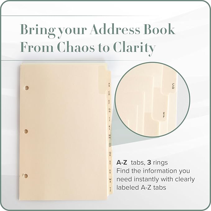 Gallery Leather A-Z Dividers for 3 Ring Binder - Binder and Address Book Alphabet Letter Tabs for Smooth Contact Organization