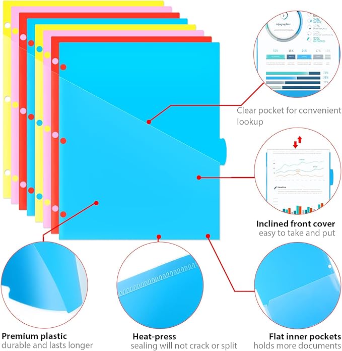 WOT I Plastic 8-tab Dividers with 2 Clear Pockets - 6 Sets, Binder Dividers for 3 Ring Binder, Bright Multicolor, Total 48 Tabs