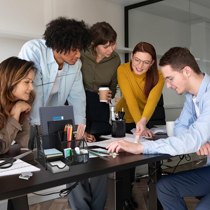 SYMDROMIA 13-in-1 Office Desk Organizer Set with Stapler and Tape Dispenser, Pen Holder, Scissors, Ruler, Hole Punch, 2 Pens & More Desktop Accessories for Back to School Supplies (Black)