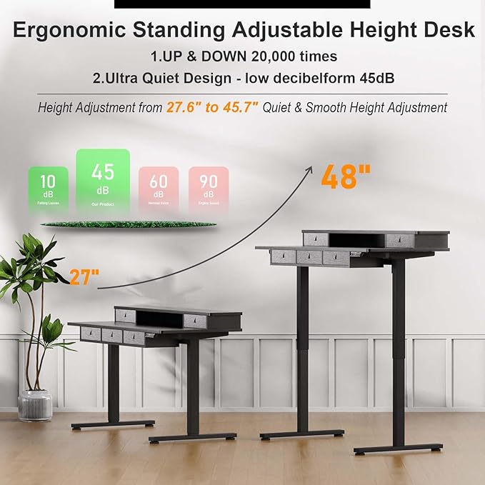 XINYAO Electric Standing Desk with 5 Drawers, 55x24 Inch Height Adjustable Sit Stand Up Desk with Storage Support 290lbs Ergonomic Rising Table with Wheels for Home Office