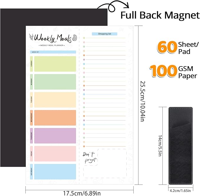 60 Sheet Meal Planner for Fridge with Pen Holder, Magnetic Weekly Meal Planner & Grocery List with Tear-off Shopping List for Meal Prep, 7x10''-Colored Lines