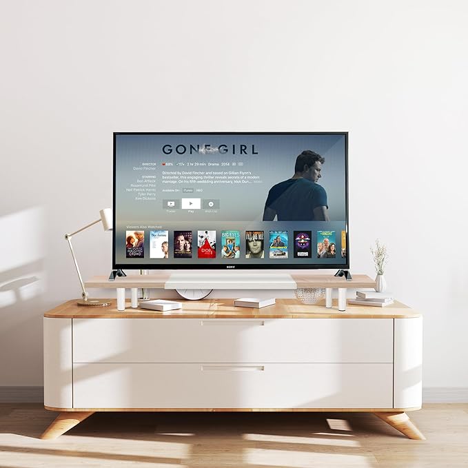 Dual-Monitor-Stand-Riser-For-Desk Adjustable Length 32-40 Inch，Large Desktop Computer Monitor Riser For 2 Screens，Desk Shelf Organizer Riser Stand For Computer/Laptop/PC/Printer/TV Maple