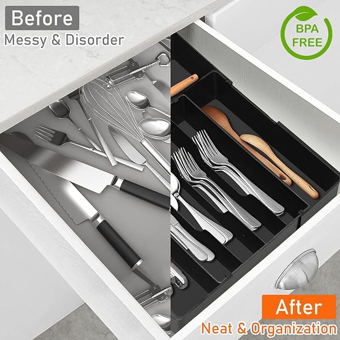 Silverware Organizer - Expandable Kitchen Drawer Organizer, Adjustable Silverware Drawer Organizer, Plastic Cutlery Tray for Forks, Knives, Kitchen Drawer Organizers and Storage, Black