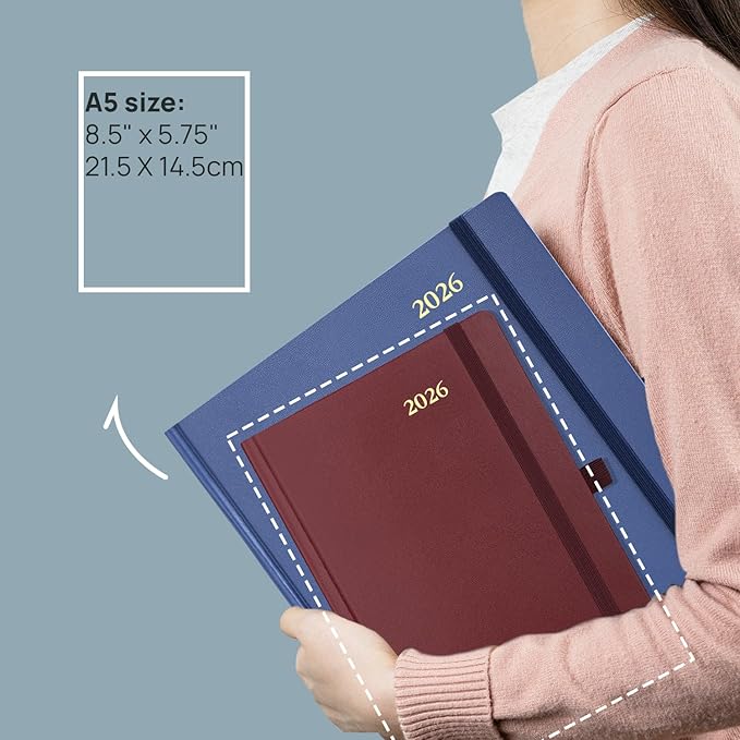 POPRUN 2026 Daily Planner One Page Per Day A5 Size Calendar (5.75" x 8.5") - 12 Months Hourly Appointment Book with Hardcover, Pocket, Pen Holder - Burgundy