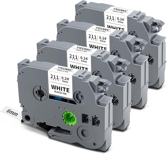 TZ Tape 6mm 0.23 Laminated White Label Tape Tz-211 Compatible for Brother P-Touch Tze-211 1/4" Tze Label Refills Work for Ptouch Label Maker PT-D220 PT-D210 PT-H110 PT-D400, Black on White, 4-Pack