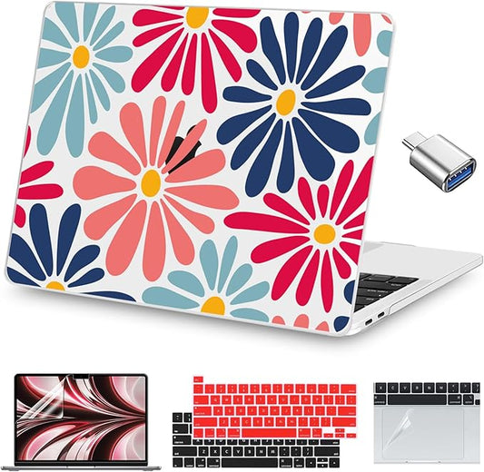 Teryeefi for MacBook Pro Case 13 inch 2022 2021 2020-2016 Release A2338 M2/M1 A2251 A2289 A2159 A1989 A1706, Clear Laptop Hard Shell with Keyboard Cover & Trackpad Film & Type C Adapter,Flowers W129