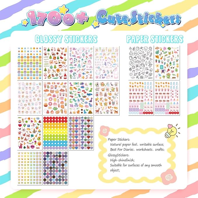 1700+ Planner Stickers Book, 24 Sheets Waterproof Repositionable Stickers for Journal, Bullet Planner, Scrapbook & Calendar, Functional Decorative Sticker Set & Gift (Cute Theme)