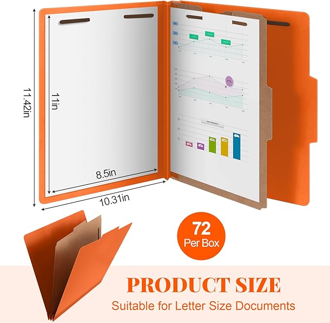 Skyygemm 72 Pcs Classification Folders Letter Size, 1 Divider Pressboard File Folder with Fasteners, Expanding File Organizer Bulk for Teachers, Clergy, Office, Church, Christmas Donations (Orange)