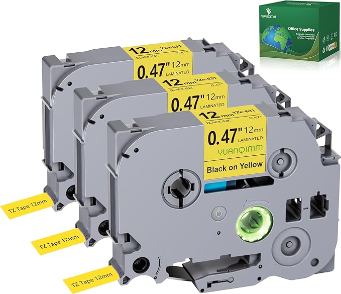 Tape TZe-631 Yellow TZ TZe Compatible with Brother P Touch Label Maker Tape TZe631 TZ631 12mm 0.47'' Laminated Black on Yellow Label Tape for PT D200 D210 D220 D400 PTH110 Cube, 3-Pack