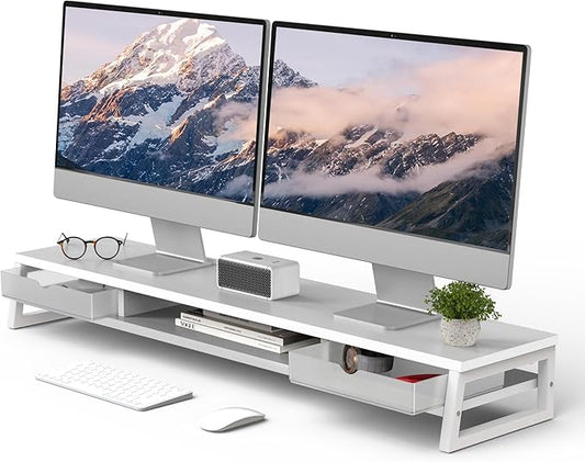 Fenge Dual Monitor Stand, Monitor Riser with Drawer, 42.5 Inch Large Computer Monitor Stand for 2 Monitors, 2 Tier Wooden Desk Shelf for Top of Desk