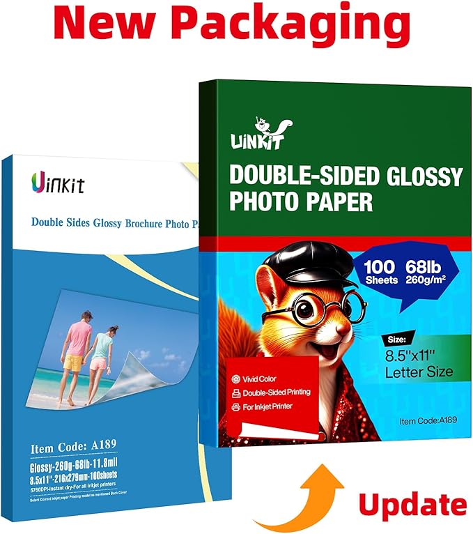 Uinkit Thick Photo Paper Glossy Double Sided 100 Sheets 8.5x11 Heavyweight 68lb 260gsm Inkjet Both Sides Printable 11.8mil A4 Letter size Flyer Bulk Pack 8.5 x 11 Card paper postcard postal A189