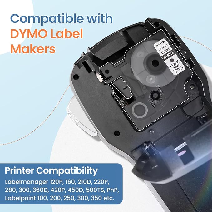 45013 Replace for DYMO D1 Label Tape 1/2 Inch x 23Ft A45013 Black on White 45013s S0720530 Label Maker Refills Compatible with Dymo Labelmanager 160 LM 280 210D 360D 420P, 5-Pack
