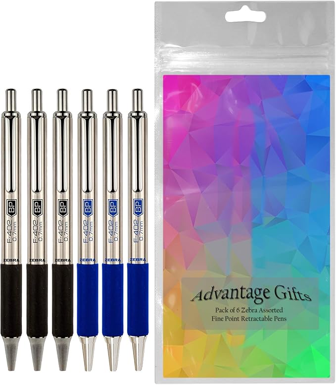 Zebra F-402 Ballpoint Stainless Steel Retractable Pen, Fine Point, 0.7mm, Black/Blue Ink, 6-Count Bundle with Plastic Reusable Pouch