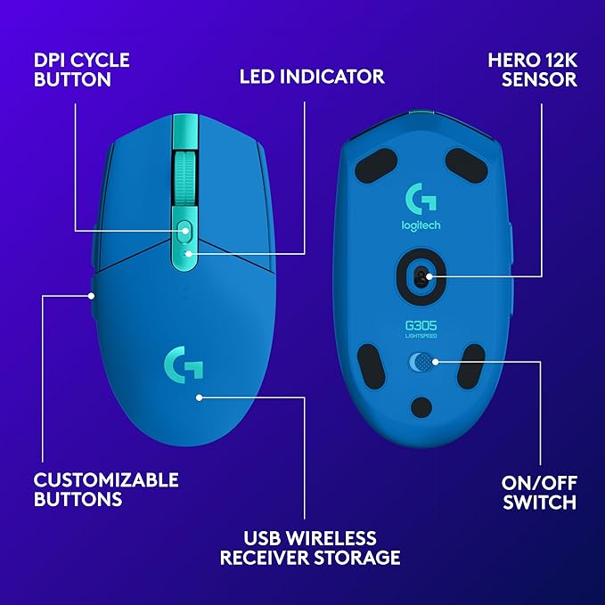 Logitech G305 LIGHTSPEED Wireless Gaming Mouse, Hero 12K Sensor, 12,000 DPI, Lightweight, 6 Programmable Buttons, 250h Battery Life, On-Board Memory, PC/Mac - Blue