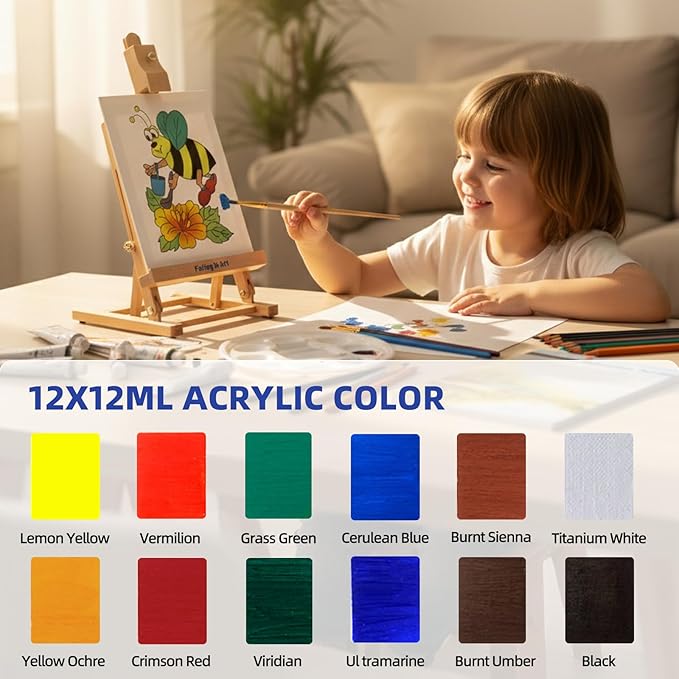 Falling in Art Painting Set for Kids with Table Easel-Acrylic Painting Starter Kit with Art Smock, 12 Acrylic Paints, 12 Water Soluble Colored Pencils, Paint Brushes, Canvas Panels and Watercolor Pad