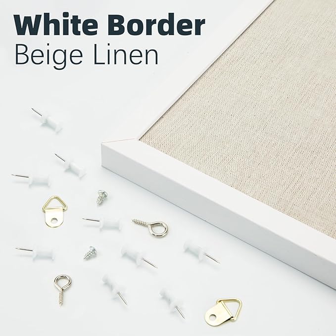 OWLKELA 13.3"x17.7" inch Bulletin Board with Linen, White Wood Style Frame, with 10 Pushpins, Linen Cork Board, Ideal for School, Home & Office