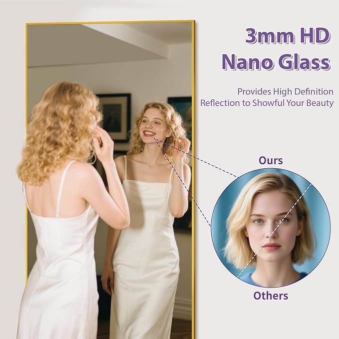 Full Length Mirror, 71"x28" Oversized Floor Mirror Freestanding, Full Body Mirror Floor Standing Mirrors with Stand, Hanging Mounted Mirrors for Bedroom Living Room, Gold, Rect Style