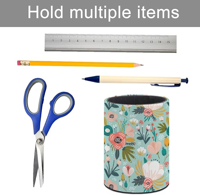 Mint Flowers Pen Holder Pencil Organizer Cute Pencil Cup Desk Decor Makeup Brush Holder PU Multifunctional Office Suppliesfor Home Classroom School