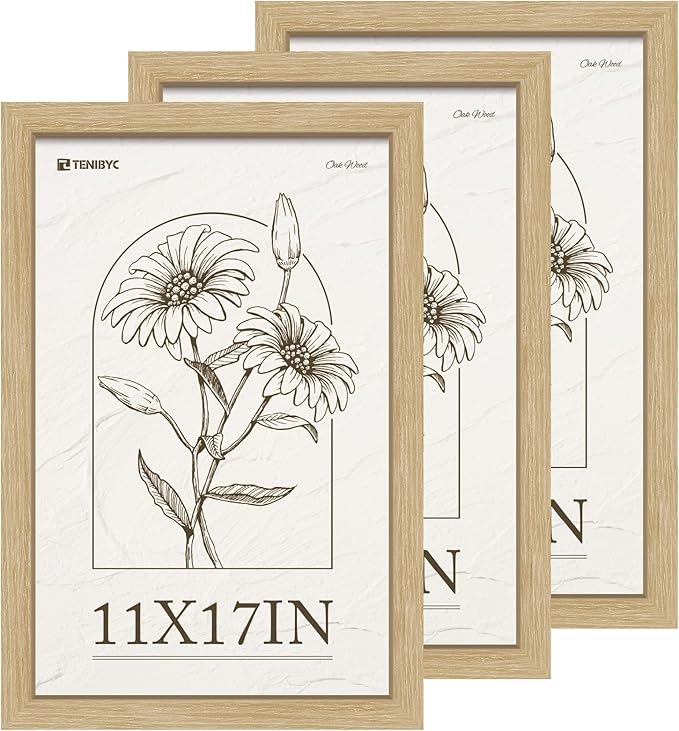 11x17 Picture Frame 3 Pack, Natural Oak Wood Poster Frame, HD Tempered Glass, Wall Hanging