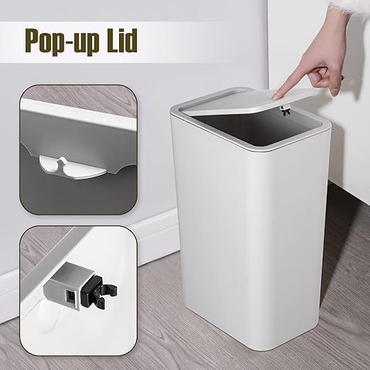 TrashAid 3 Pack Bathroom Trash Can with Lid, 2.6 Gallon / 10 Liter Small Garbage Can with Press Top Lid, Plastic Wastebasket with Pop-up Lids for Toilet, Office, Bedroom, Living Room, Grey