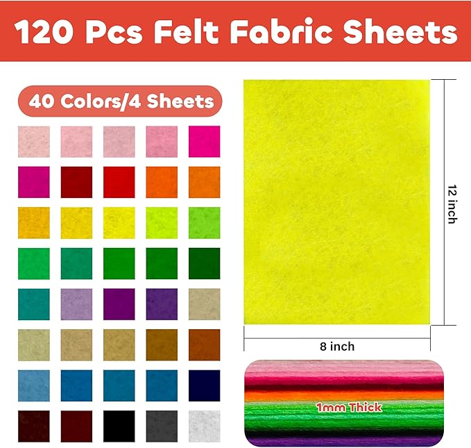 Felt Fabric Sheets, 120 PCS 12 x 8 Inch Felt Squares for Crafts 40 Assorted Color 1 mm Thickness Felt Sheets for DIY Craft School Sewing Projects