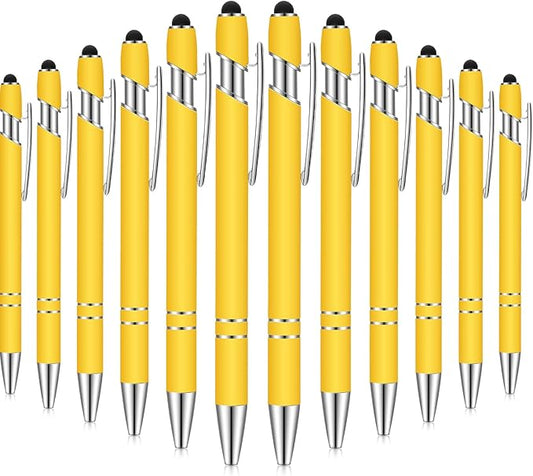 12 Pieces Ballpoint Pen with Stylus Tip, 1.0 mm Black Ink Metal Pen Stylus Pen for Touch Screens, 2 in 1 Stylus Ballpoint Pen (Yellow and Silver)