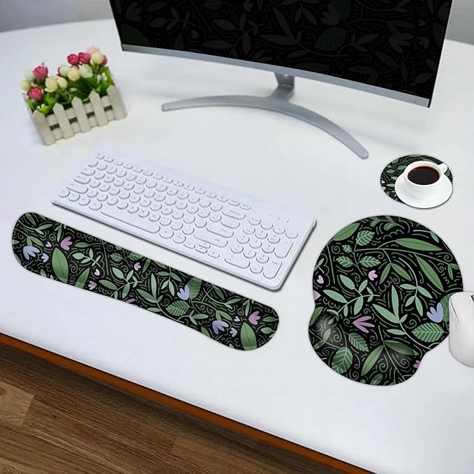 DINKY Keyboard Mouse Pad Set, Large Gaming Mousepad, Memory Foam Ergonomic Keyboard Wrist Rest Support, Extended Desk Mat Cushion pad for Office,Home, Green Leaves Plant