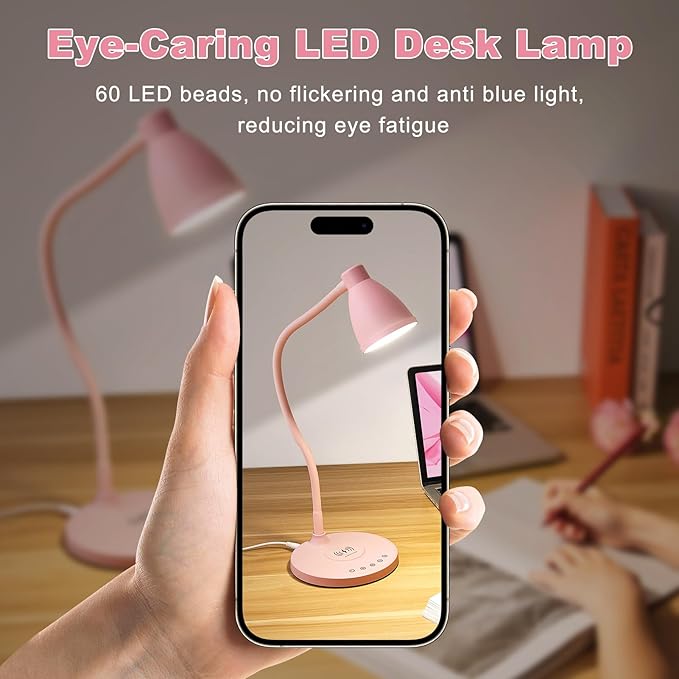 BOHON Cute Desk Lamp with USB C+A Charging Ports, Wireless Charger Pink Lamp, 5 Colors Stepless Dimming Reading Light, Touch Bedside Table Lamp, LED Desk Light for Home Office College Dorm Room Pink