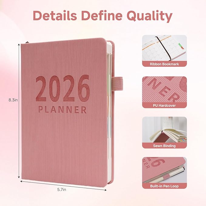 Picoway 2026 Planner A5 400 Pages Pink - Weekly and Monthly Daily Calendar with Thick Paper, One Full Page Per Day Planners from Jan. 2026 - Dec. 2026, Hardcover Notebook ，8.3" x 5.7"