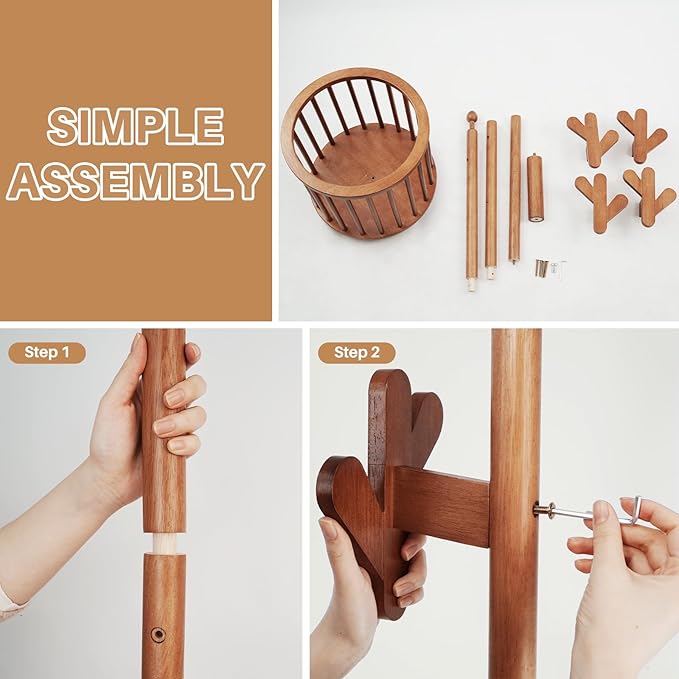 Uniclinens Solid Wood Coat Rack Freestanding with Umbrella Holder, Tree Coat Rack Stand with Lockable Universal Casters & 12 Hooks for Entryway Bedroom, Walnut