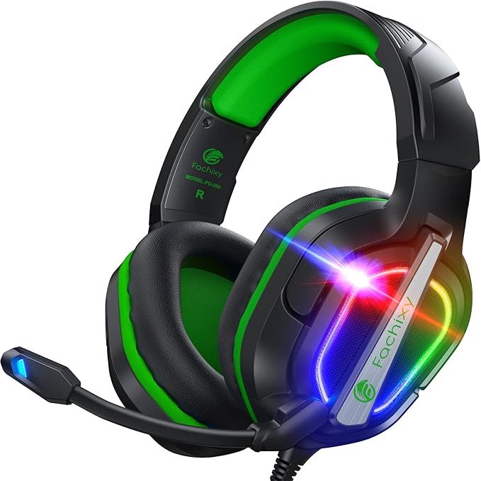 Fachixy FC200 PC Gaming Headset for PS4, PS5, Switch, Xbox One, Mac, Noise Canceling Headphones with Microphone, Computer Headset with 3.5mm Jack & RGB Light